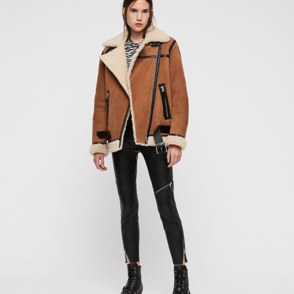 ALLSAINTS Rei Shearling Jacket in Sand Brown & Ecru size SMALL
